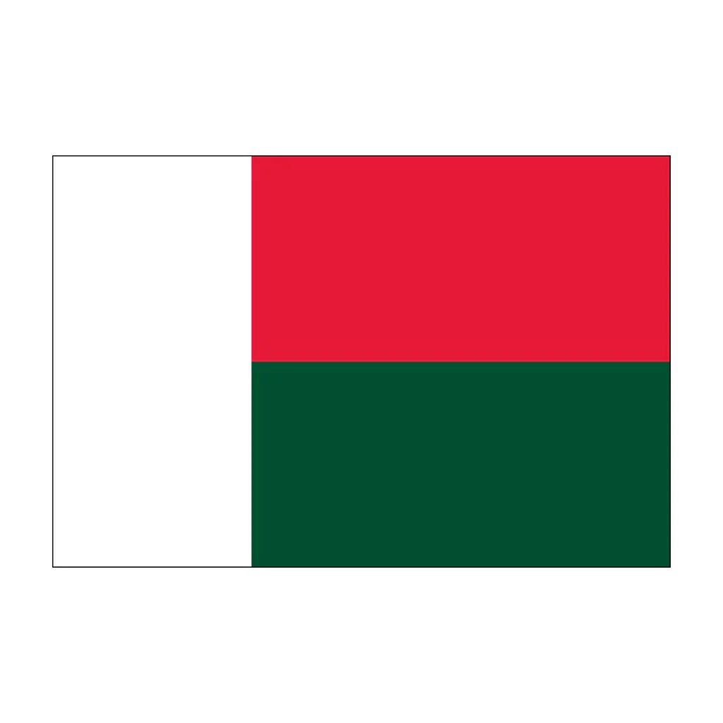 The Madagascar flag features red and green horizontal bands with a white vertical stripe, symbolizing the Merina Kingdom and the Hova class's role in the fight for independence. 