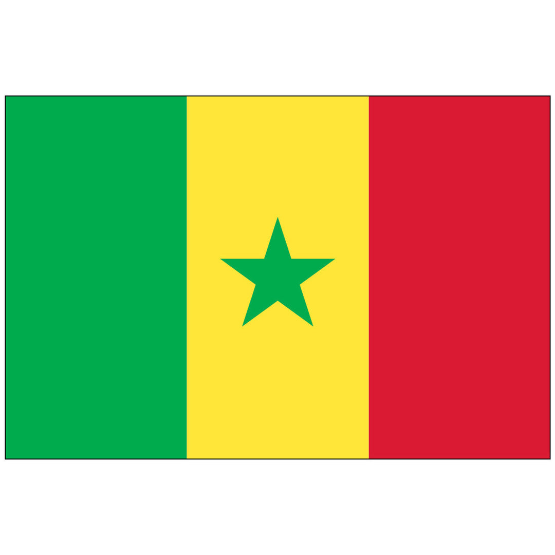 Senegal’s flag features green, yellow, and red vertical stripes with a green star in the center. The colors symbolize Islam, wealth, and sacrifice, while the star represents unity and hope.