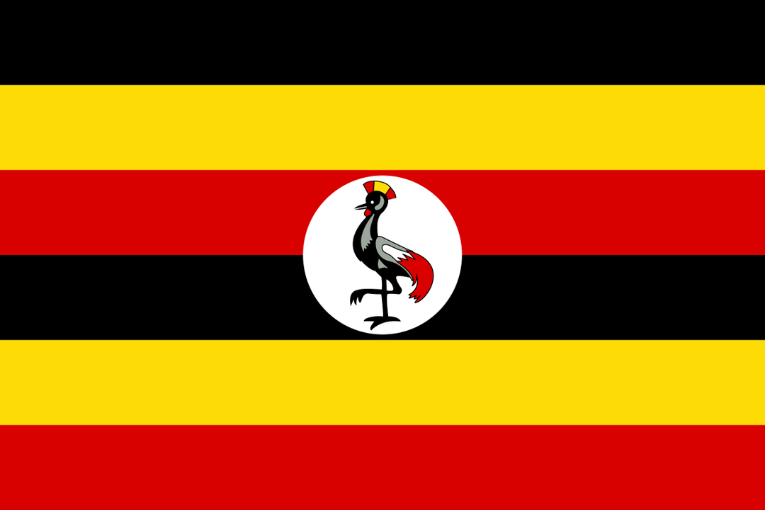 Uganda’s flag features six stripes in black, yellow, and red, symbolizing the people, sunshine, and brotherhood. At the center is a grey crowned crane, a national symbol of peace.