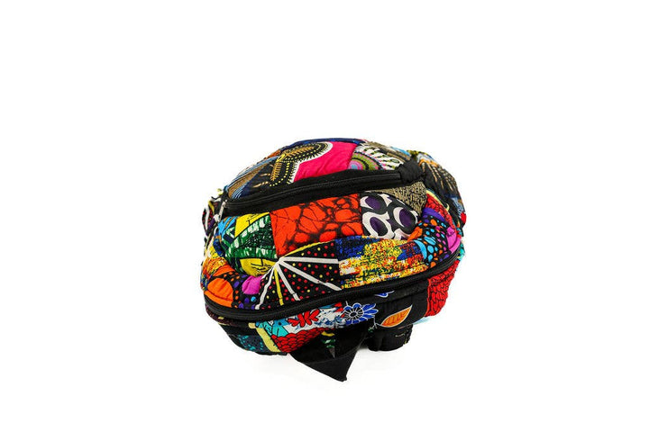 Handmade fair trade backpack with unique patchwork design, eco-conscious materials, and practical compartments, crafted in Kenya from up-cycled textiles.
