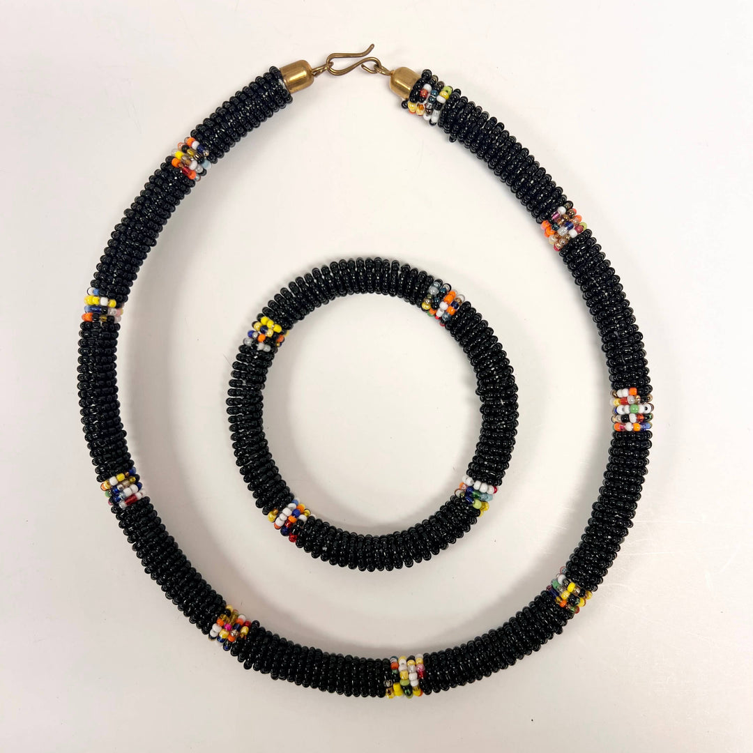 Lightweight beaded bracelet and necklace set crafted by Maasai artisans.