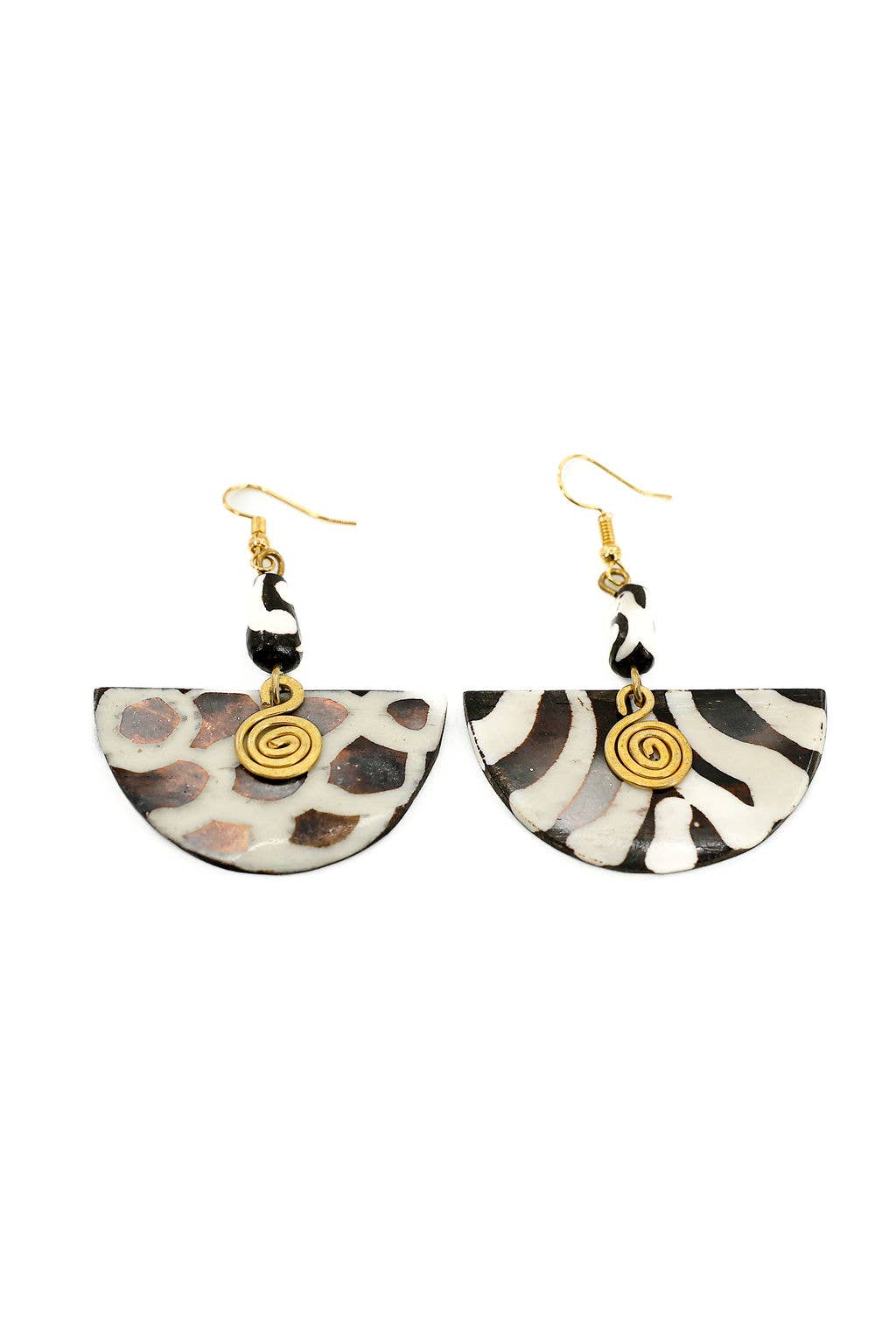 Sustainable artisan earrings, hand-carved up-cycled bone and brass with nickel and lead-free ear.