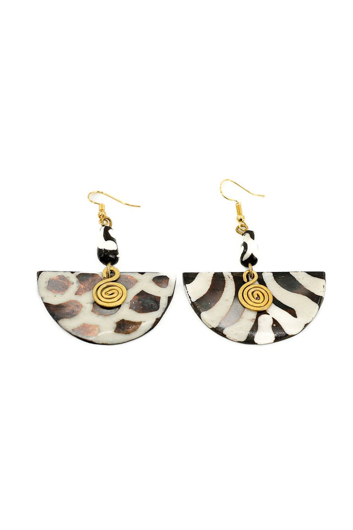 Sustainable artisan earrings, hand-carved up-cycled bone and brass with nickel and lead-free ear.
