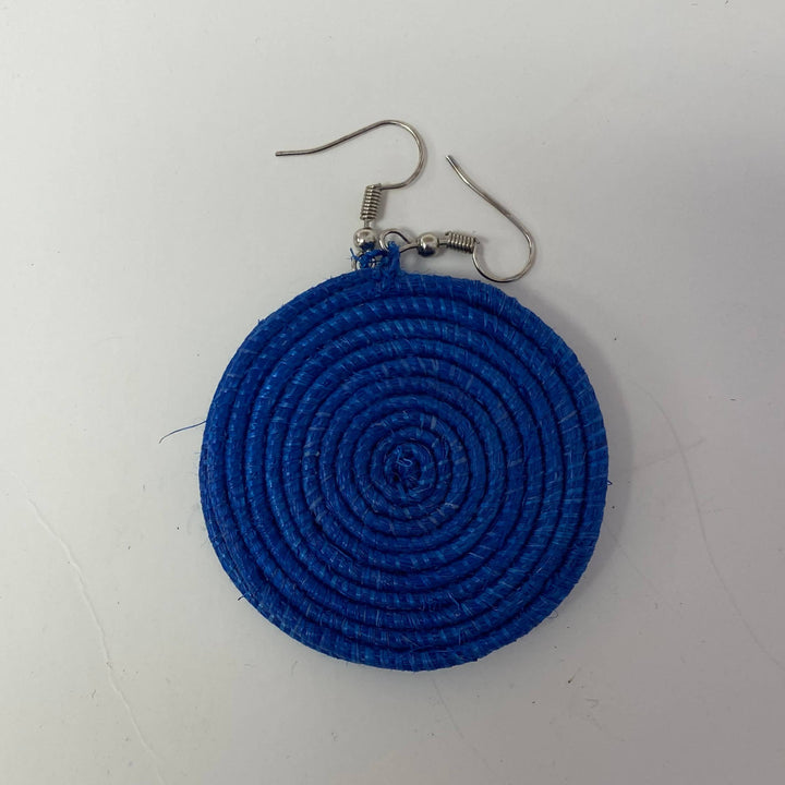 Bright handwoven blue raffia earrings displayed in assorted hues.