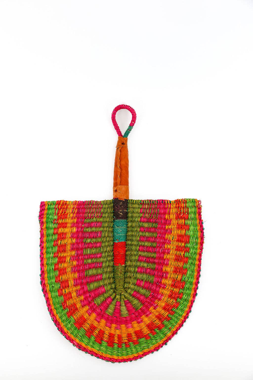 Close-up of vetiver grass weave and leather-wrapped handle on portable fan.