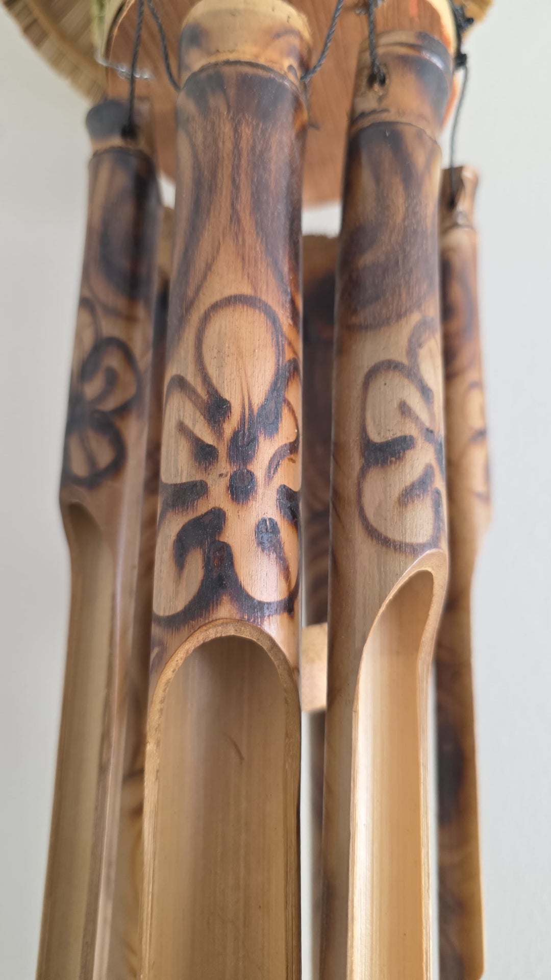 Fire-Burnt Handmade Bamboo Wind Chime with Grass Birdhouse – Sustainable & Fair Trade Outdoor Décor