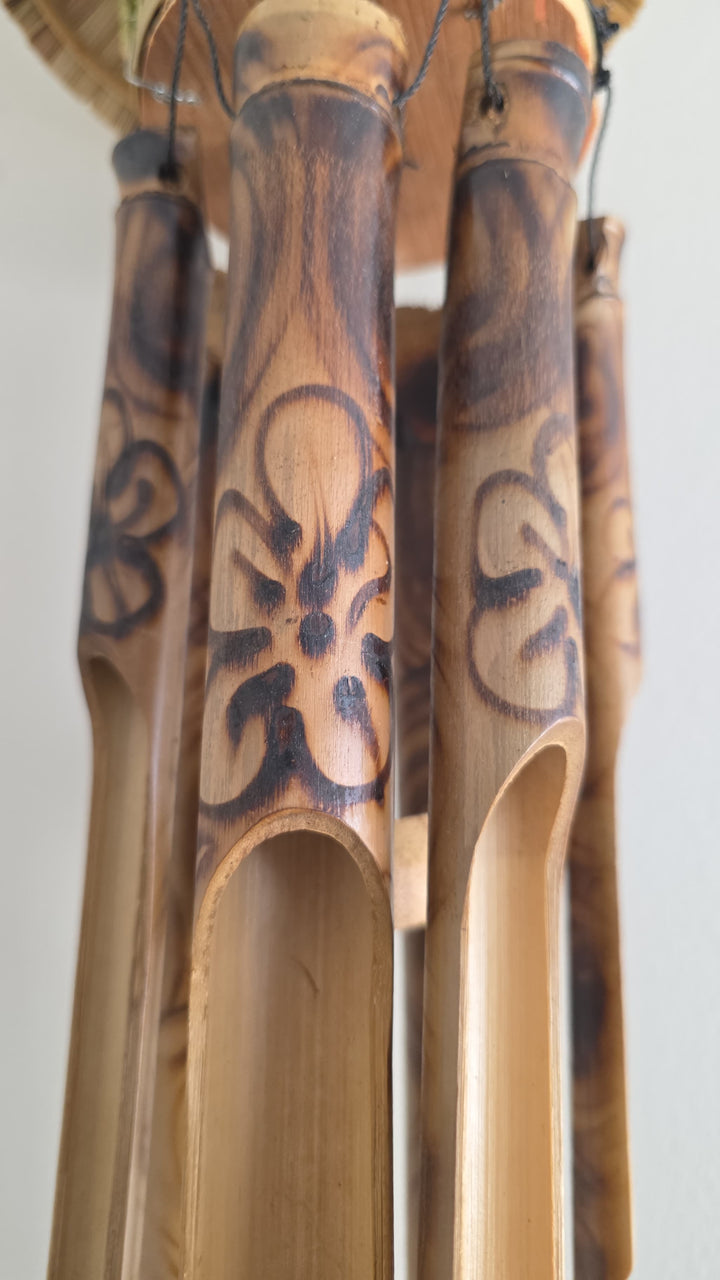 Fire-Burnt Handmade Bamboo Wind Chime with Grass Birdhouse – Sustainable & Fair Trade Outdoor Décor