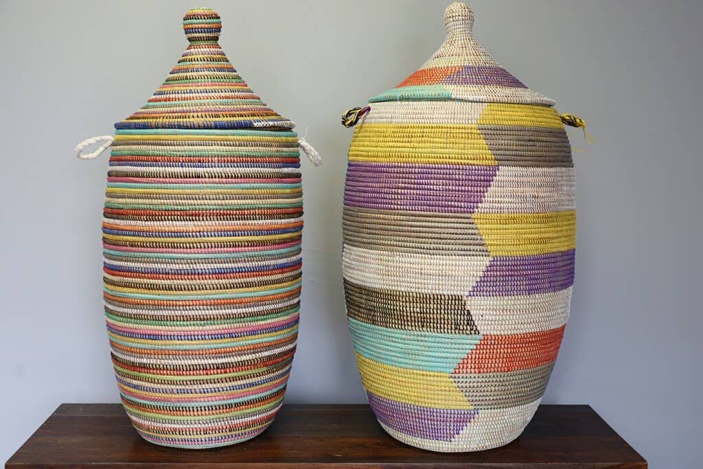 Artisan-made lidded baskets with colorful design in stripes and geometric patters, sustainable and perfect for shelf storage or centerpieces.