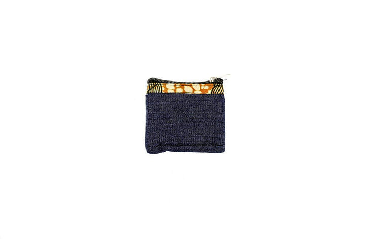 Up-cycled denim fair trade coin purse with zipper closure, eco-friendly and handmade.