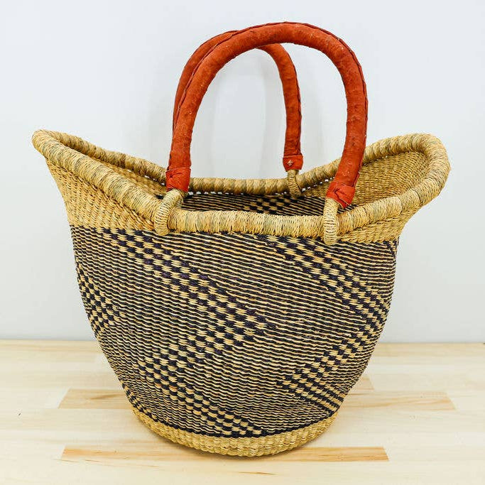 Fair trade vetiver grass grocery basket in blue and natural.