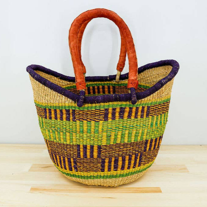 Durable market tote with leather accents.