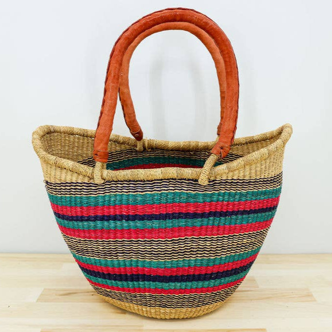 Double weave U-shopper tote with leather handle.
