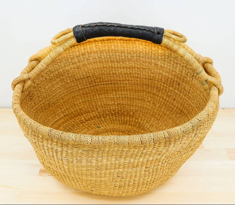 Market Basket, Handmade In Ghana By Women Artisans, Natural Midnight Color Large 16 18 Diameter X 9 10 H Red Handle 1 Basket Market Basket, Handmade In Ghana By Women Artisans, Natural Midnight Color Large 16 18 Diameter X 9 10 H Red Handle 1 Basket