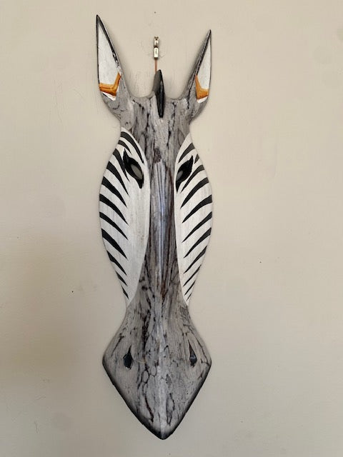 Fair trade zebra bamboo wall mask with bold black-and-white stripes.