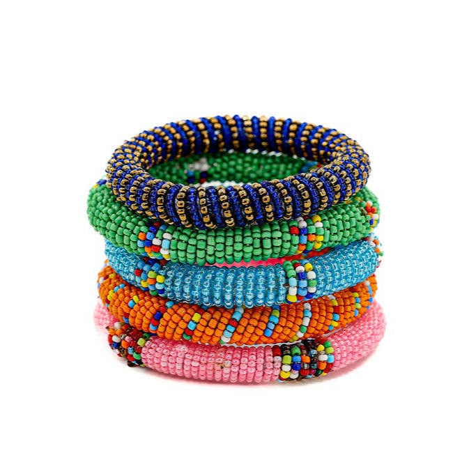 Fair trade Maasai bracelets set of 12 in assorted colors, handmade in Kenya with glass beads.