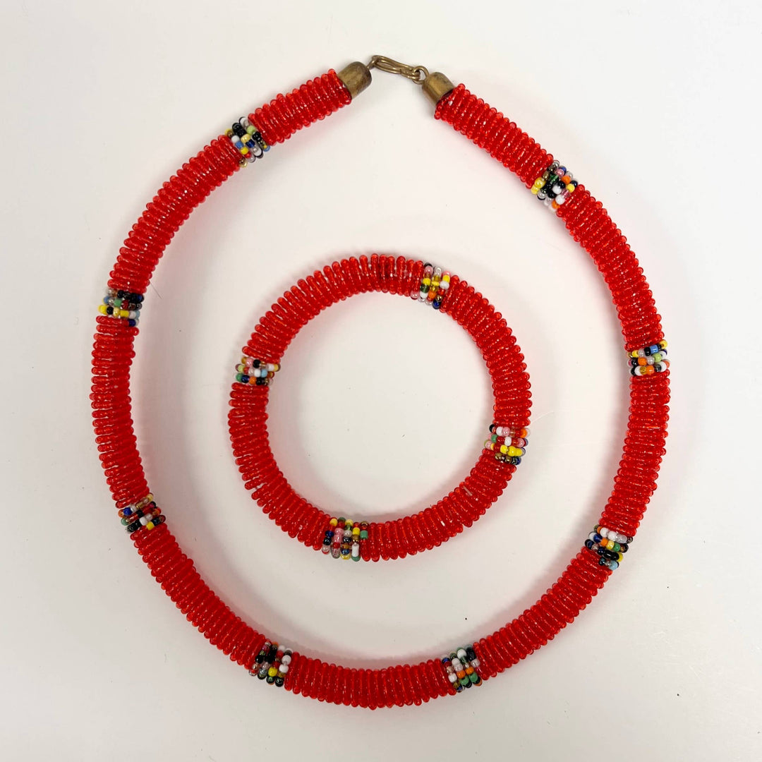 Fair trade Maasai necklace and bracelet set with red beaded glass beads.