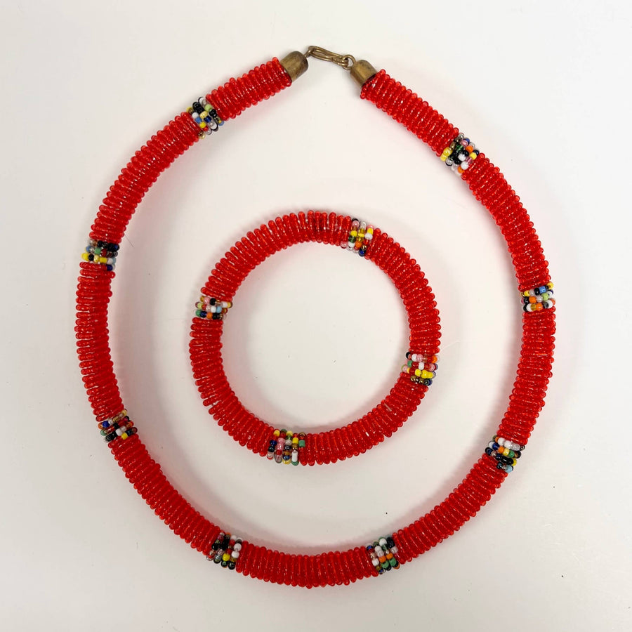 Fair trade Maasai necklace and bracelet set with red beaded glass beads.