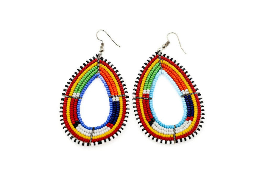 Hand-beaded teardrop earrings in a rainbow of vibrant colors.