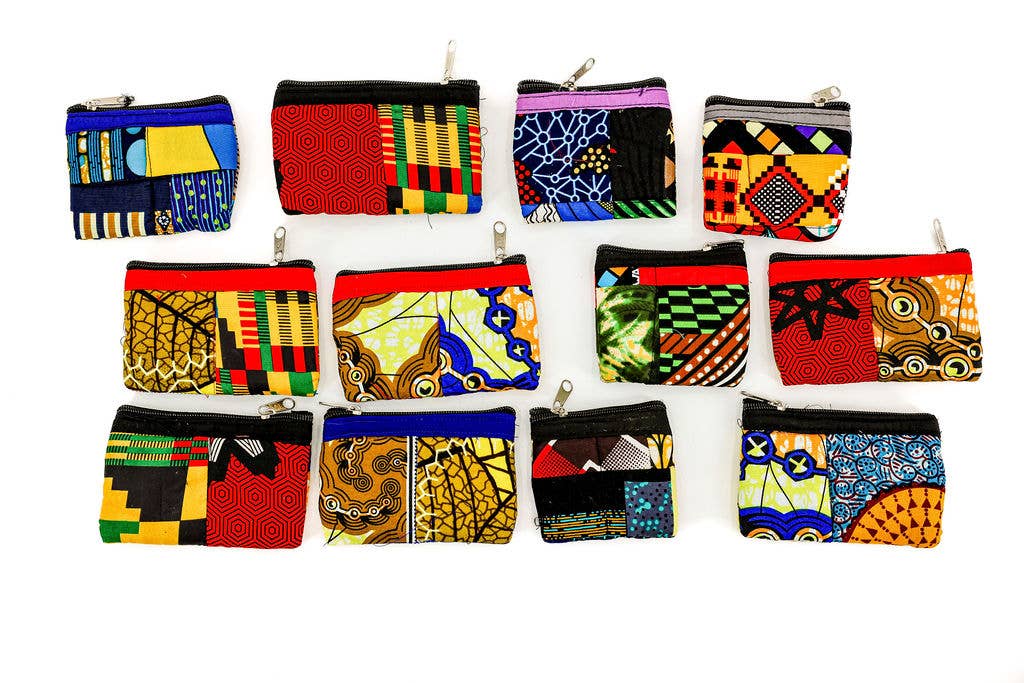 Eco-friendly patchwork coin pouch paired with matching fair trade cosmetic bag, ethically handcrafted.