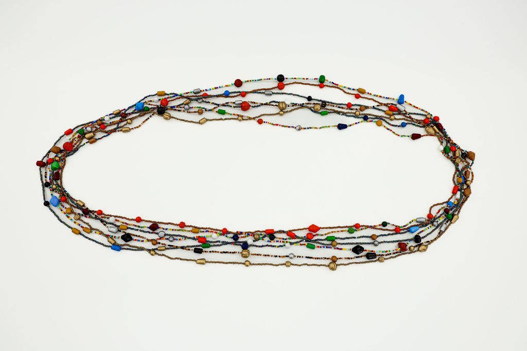 Fair trade beaded necklace made from hand-molded clay and glass beads, double-wrapped style for versatile wear.
