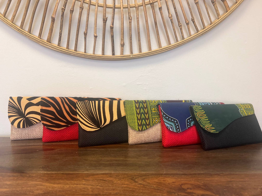 Sustainable African clutch bag crafted with remnant textiles and bold cultural prints.