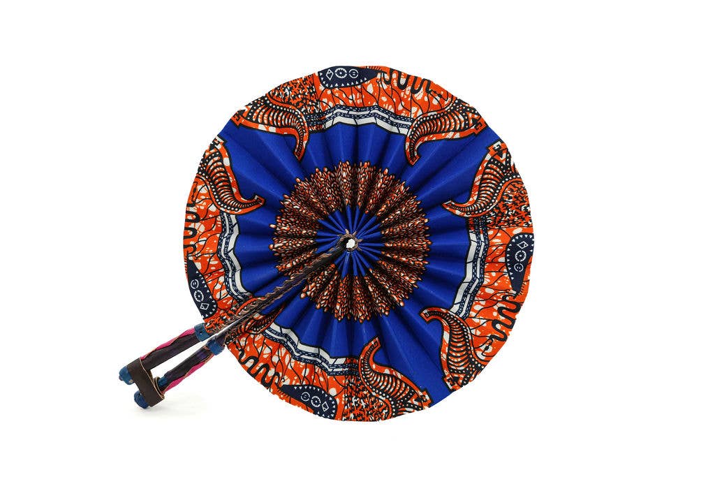 Fairtrade and colorful folding fan made with African print fabric.