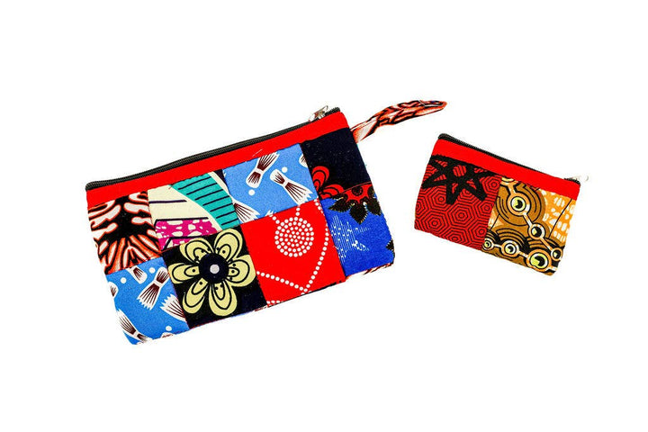 Handmade sustainable makeup pouch with recycled fabric squares and a zipper, fair trade artisan product.
