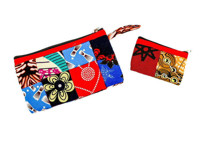 Vibrant fair trade coin purse made from recycled fabric scraps, featuring a patchwork design and zip closure.