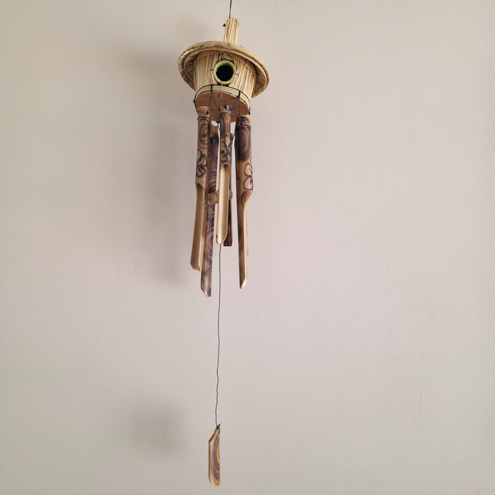 Fire-Burnt Handmade Bamboo Wind Chime with Grass Birdhouse – Sustainable & Fair Trade Outdoor Décor