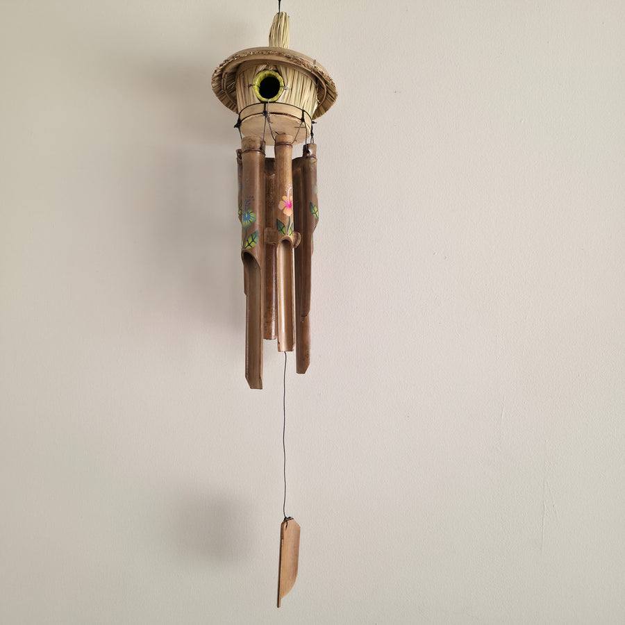 Hand-painted bamboo wind chime with colorful flowers, fair trade from Indonesia.