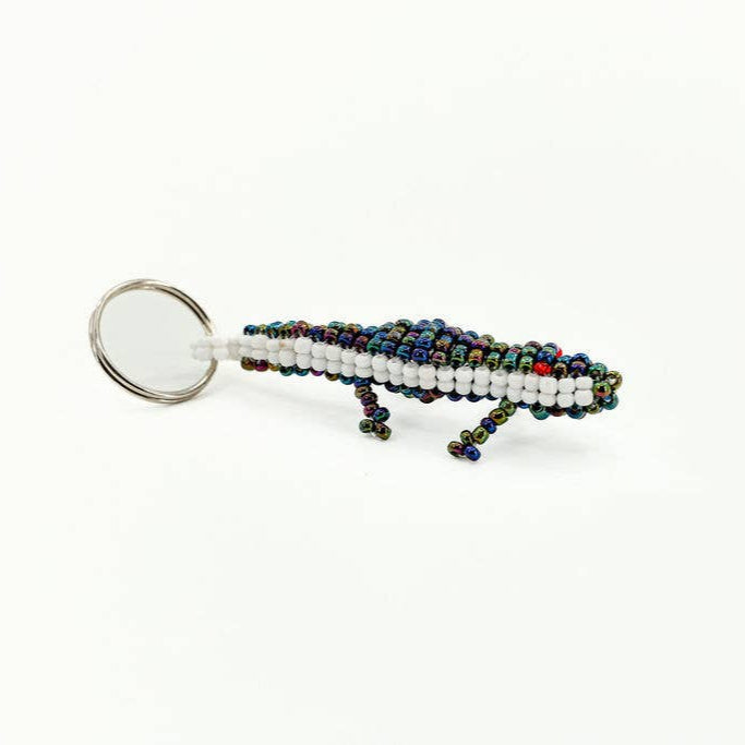 Fair trade gecko zipper pull crafted from tiny colorful beads, lightweight and durable.