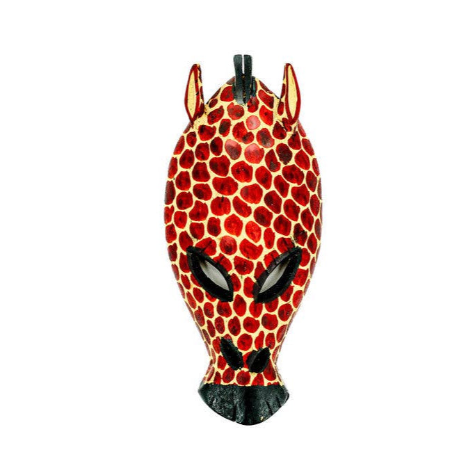 Hand-carved wooden giraffe mask with painted spots for safari-themed wall decor.