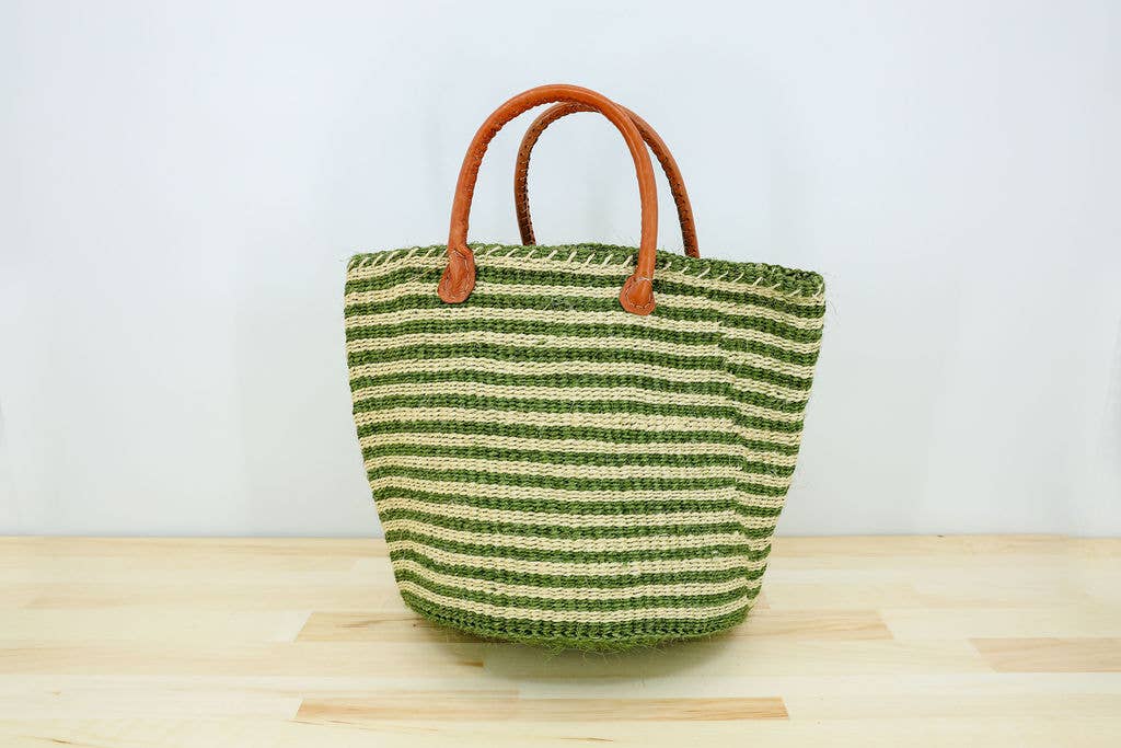 Fair trade green and white striped Wilma woven basket tote, made in Kenya from sustainable sisal fiber.