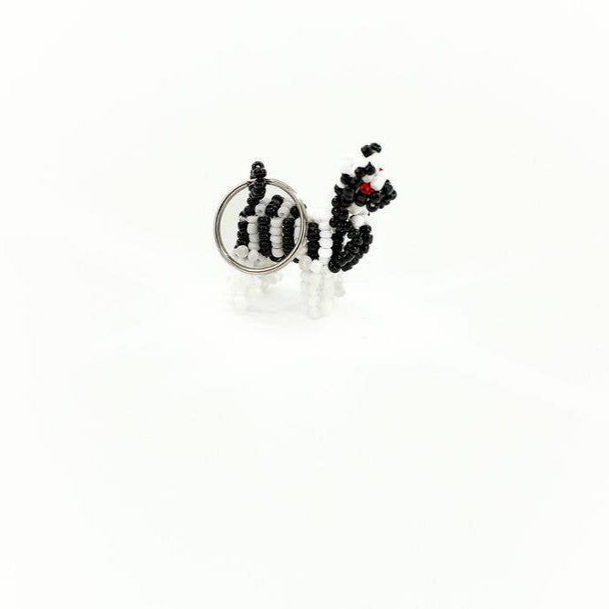 Zebra keychain with black and white beadwork, fair trade and ethically produced.
