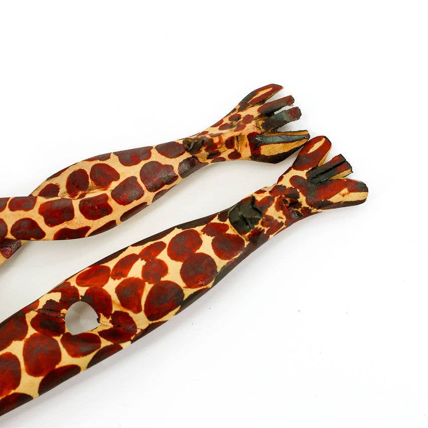 African mahogany salad servers featuring hand-painted giraffe art.