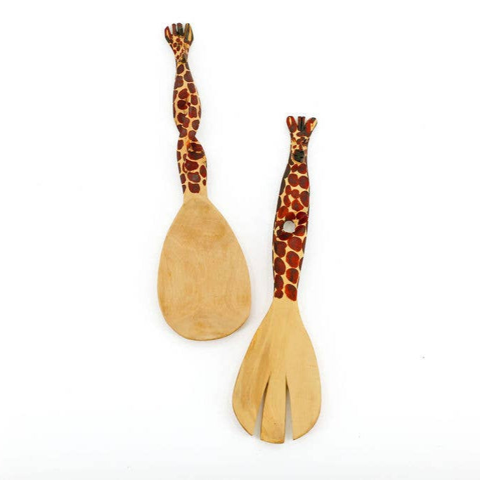 Hand-carved twisted wooden serving spoons with painted giraffe handle.