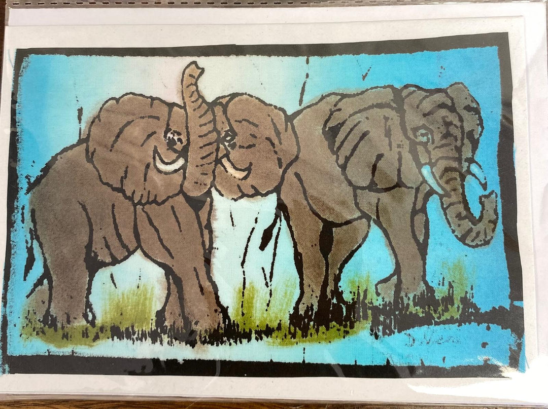 Elephant art greeting card, fair trade, hand-painted in Kenya by fair-trade artisans.

