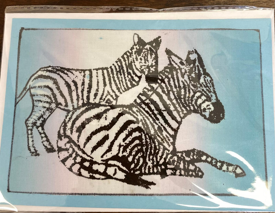 Hand-painted zebra greeting card, blank inside, unique African design.

