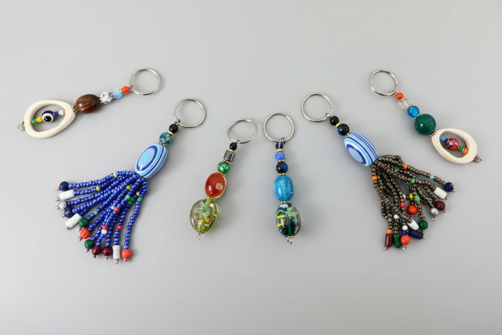 Colorful assorted and handcrafted beaded keychains.