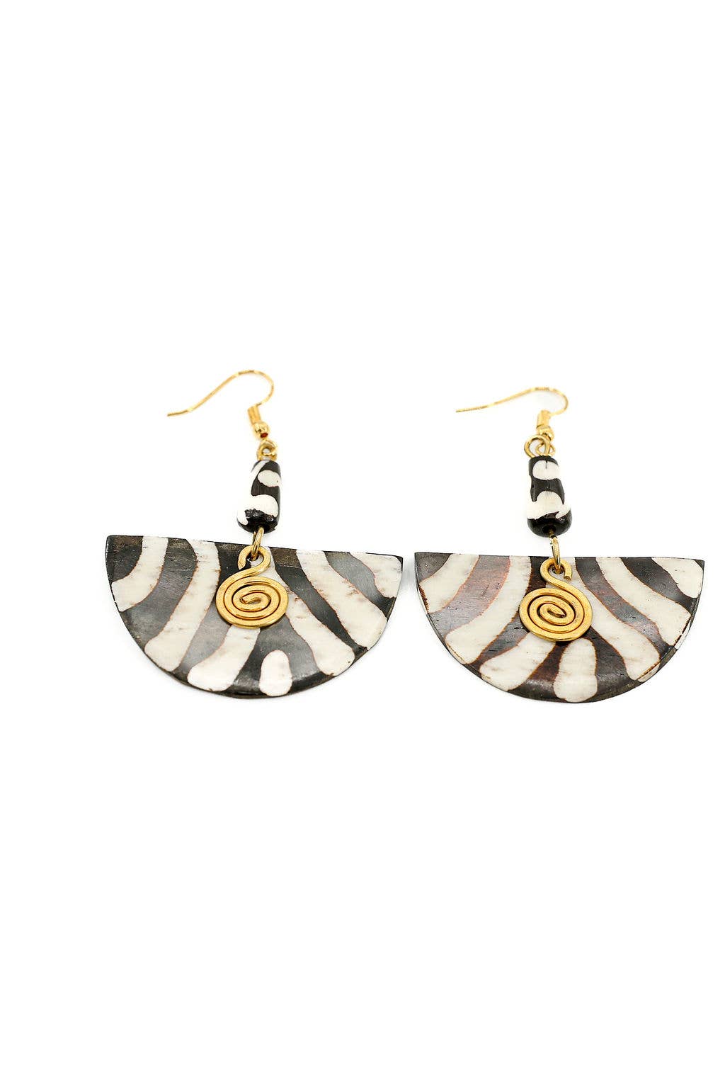 Eco-friendly fair trade earrings with hand-carved up-cycled bone and brass, featuring nickel and lead-free ear wires.