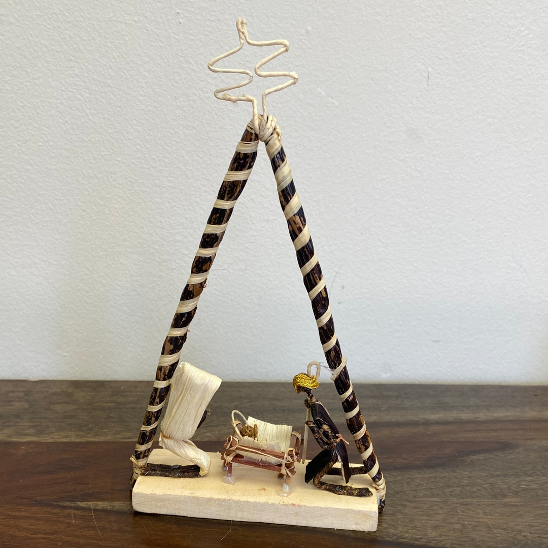 Palm leaf nativity set with wooden base, artisan-made in Kenya. Fair-trade and handmade.