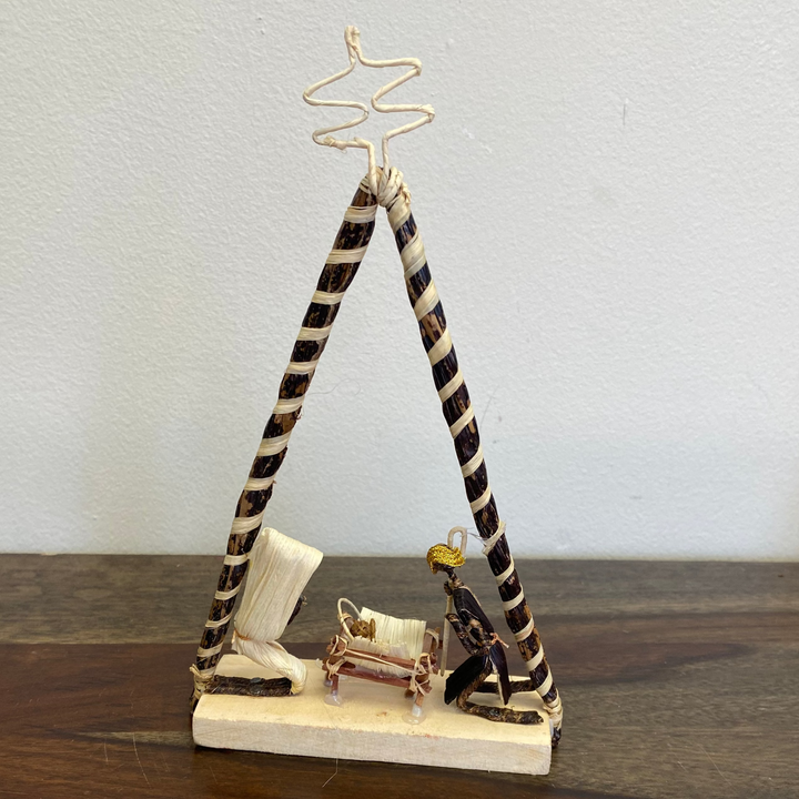 Palm leaf nativity set with wooden base, artisan-made in Kenya. Fair-trade and handmade.