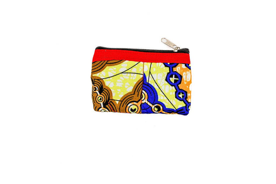 Handmade fair trade patchwork coin purse with colorful up-cycled fabric and zipper closure.