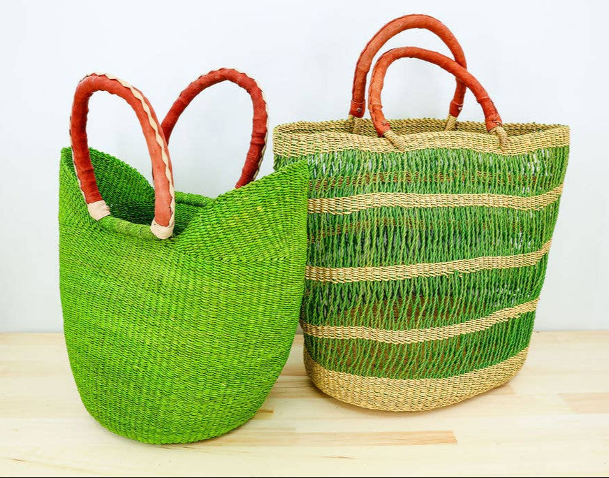 Handwoven lace grocery tote basket bag with leather handles, made in Ghana