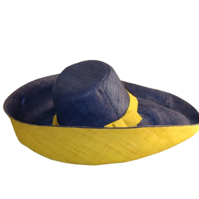 Handwoven raffia wide-brim hat with adjustable drawstring.