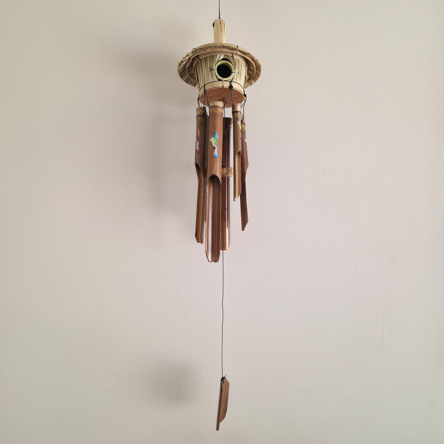 Hand-painted bamboo wind chime with small multicolor hummingbirds, fair trade from Kenya.