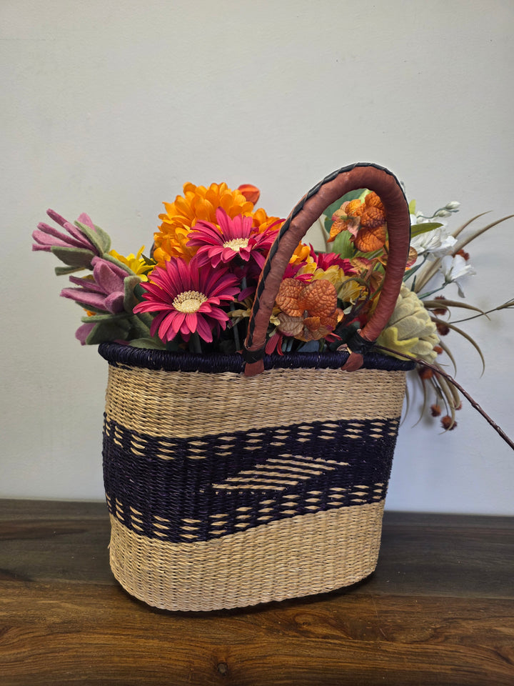 Blue and Natural oval market basket. Great for a sunny day at the garden.