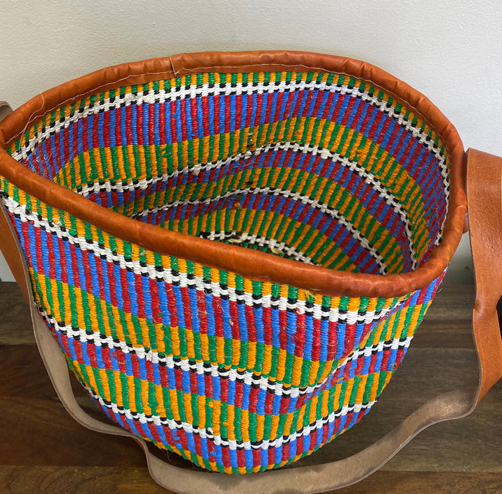 Fair Trade sisal and recycled plastic tote bag with long knotted strap, handmade in Kenya.