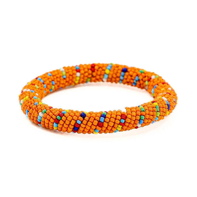 Hand-beaded Maasai bracelets in orange, ethically made in Kenya by women artisans.