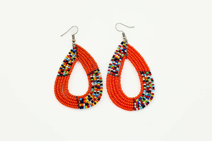 Fair trade beaded earrings in traditional Maasai patterns with vibrant colors.